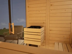 Saunaofen mit Steinen in der Sauna Venus Glaselement bodentief Massivholz Zirbe