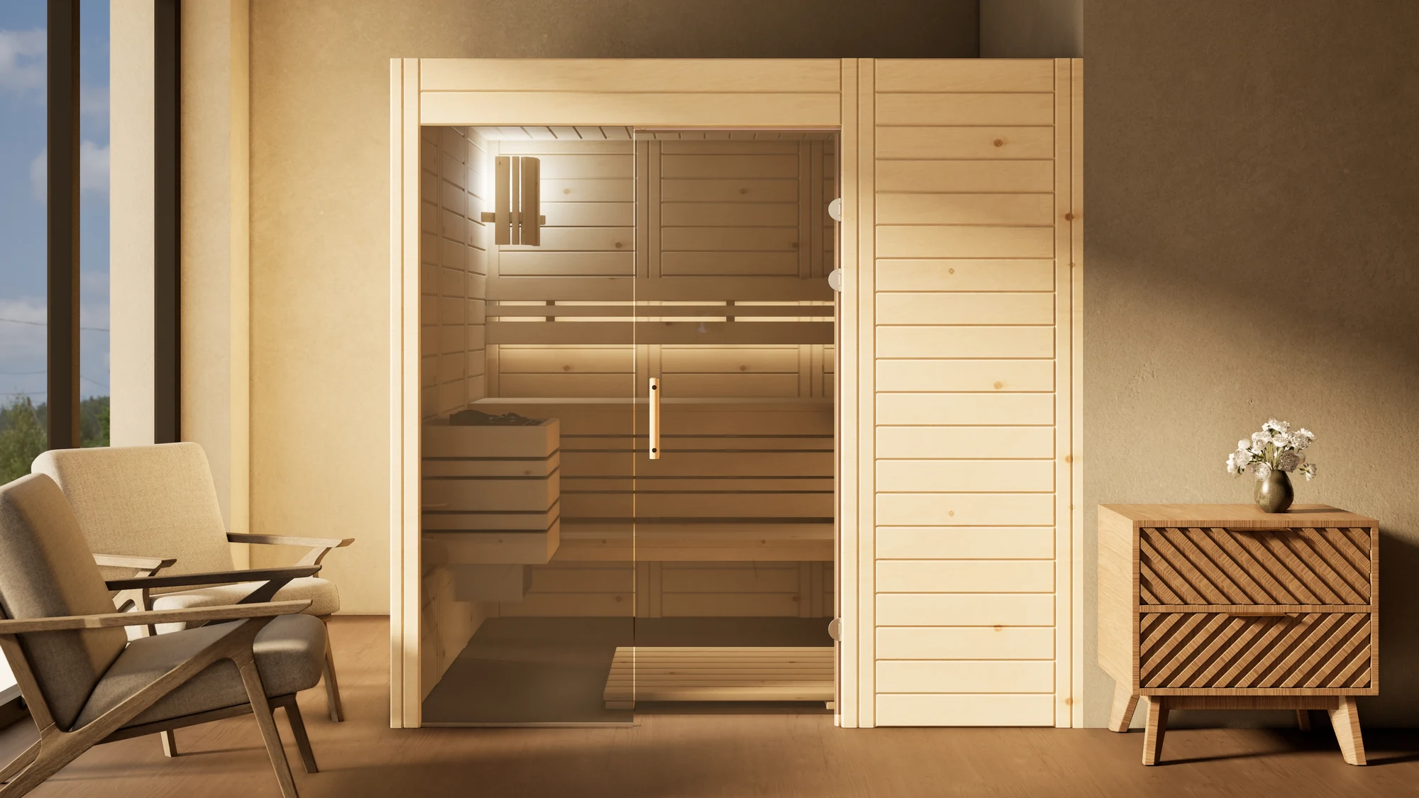 Sauna Venus Glaselement bodentief Massivholz Zirbe im Wohnraum vor der Fensterfront