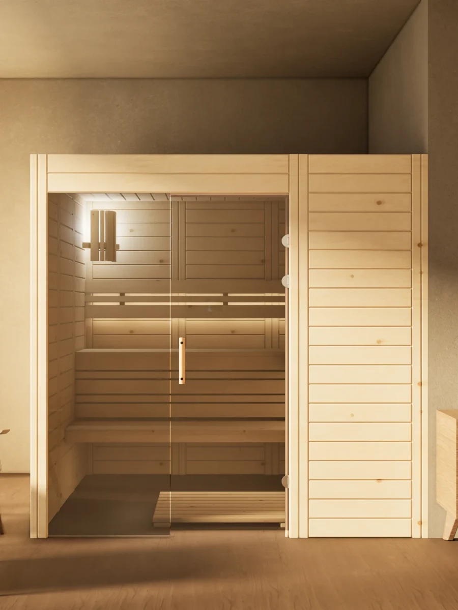 Sauna Venus Glaselement bodentief Massivholz Zirbe im Wohnraum, Gesamtansicht, Kabine ohne Saunaofen