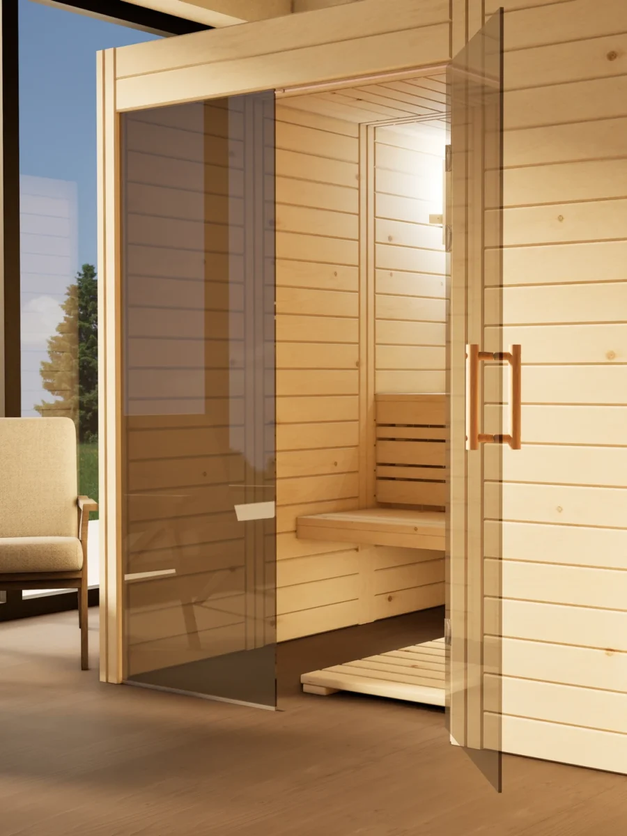 Sauna Venus Glaselement bodentief Massivholz Zirbe mit geöffneter Glastür, Kabine ohne Saunaofen