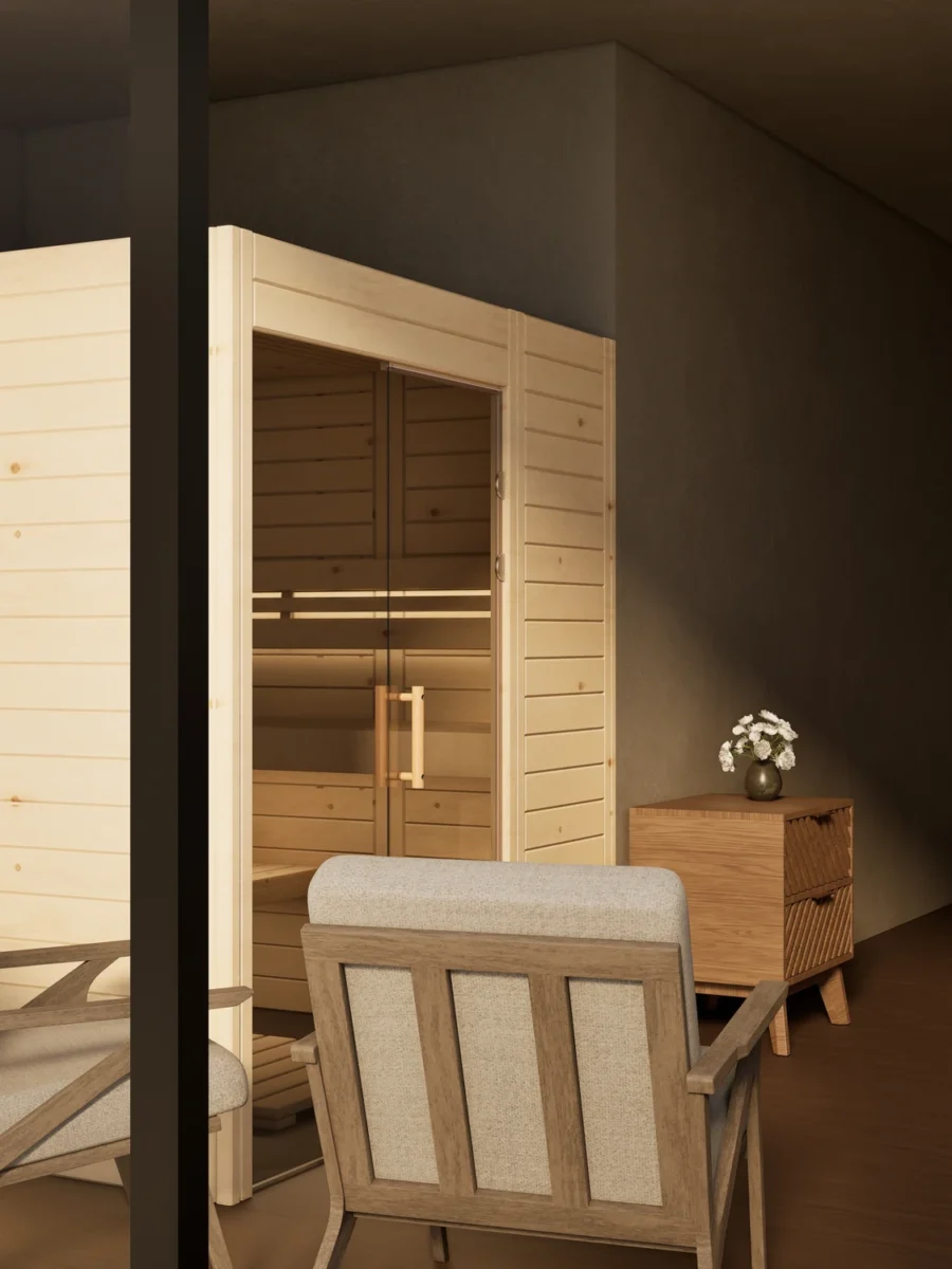 Sauna Venus Glaselement bodentief Massivholz Zirbe von der Seite, Kabine ohne Saunaofen