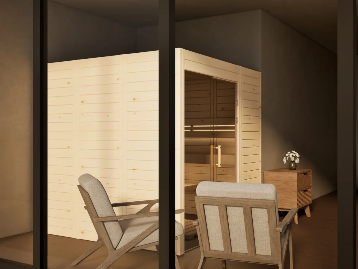 Sauna Venus Glaselement bodentief Massivholz Zirbe von der Seite, Kabine ohne Saunaofen