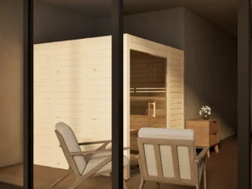 Sauna Venus Glaselement bodentief Massivholz Zirbe von der Seite, Kabine ohne Saunaofen