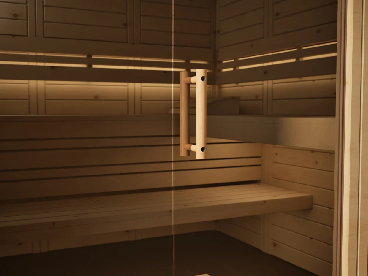 Klarglastür mit Holzgriff an der Sauna Venus Glaselement bodentief Massivholz Zirbe, Kabine ohne Saunaofen