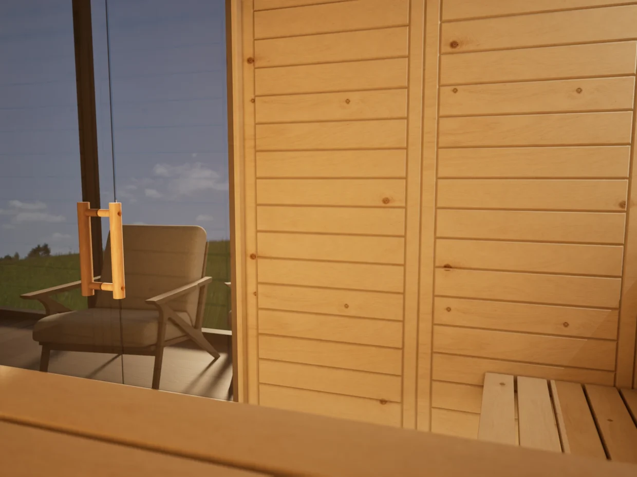 Innenraum der Sauna Venus Glaselement bodentief Massivholz Zirbe mit freiem Ofenplatz