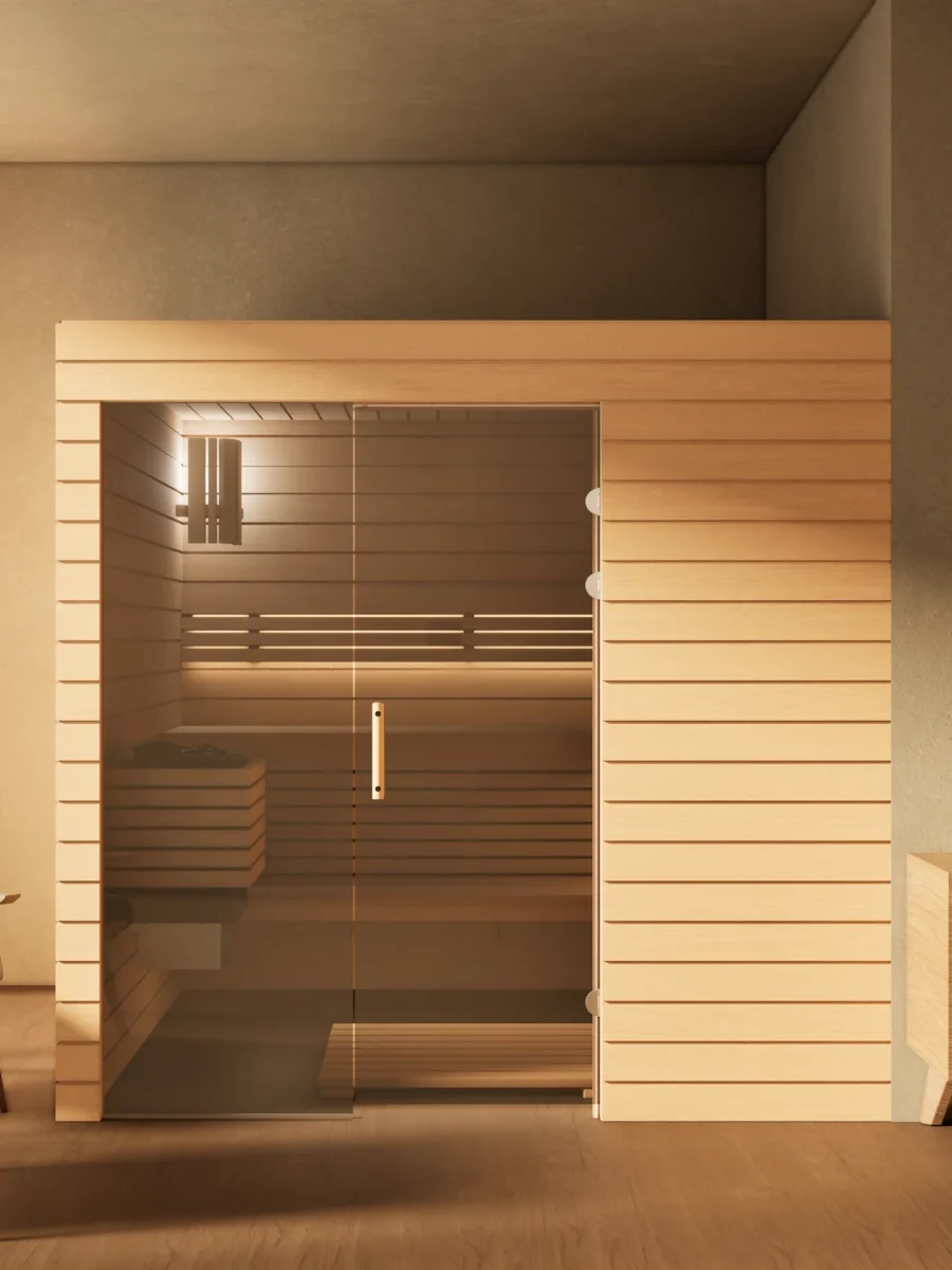 Sauna Venus Glaselement bodentief Profilholz Erle im Wohnraum, Gesamtansicht