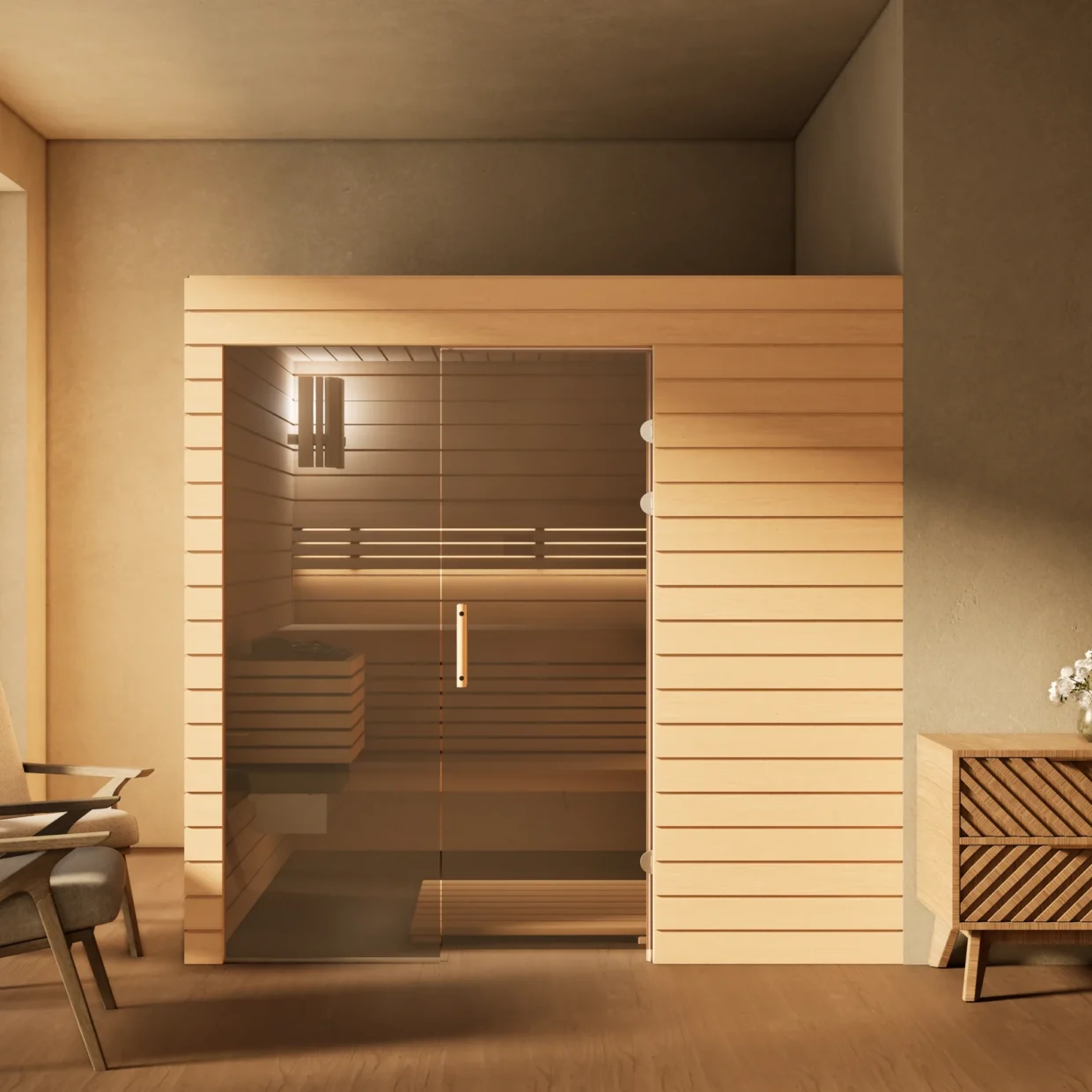 Sauna Venus Glaselement bodentief Profilholz Erle im Wohnraum, Gesamtansicht
