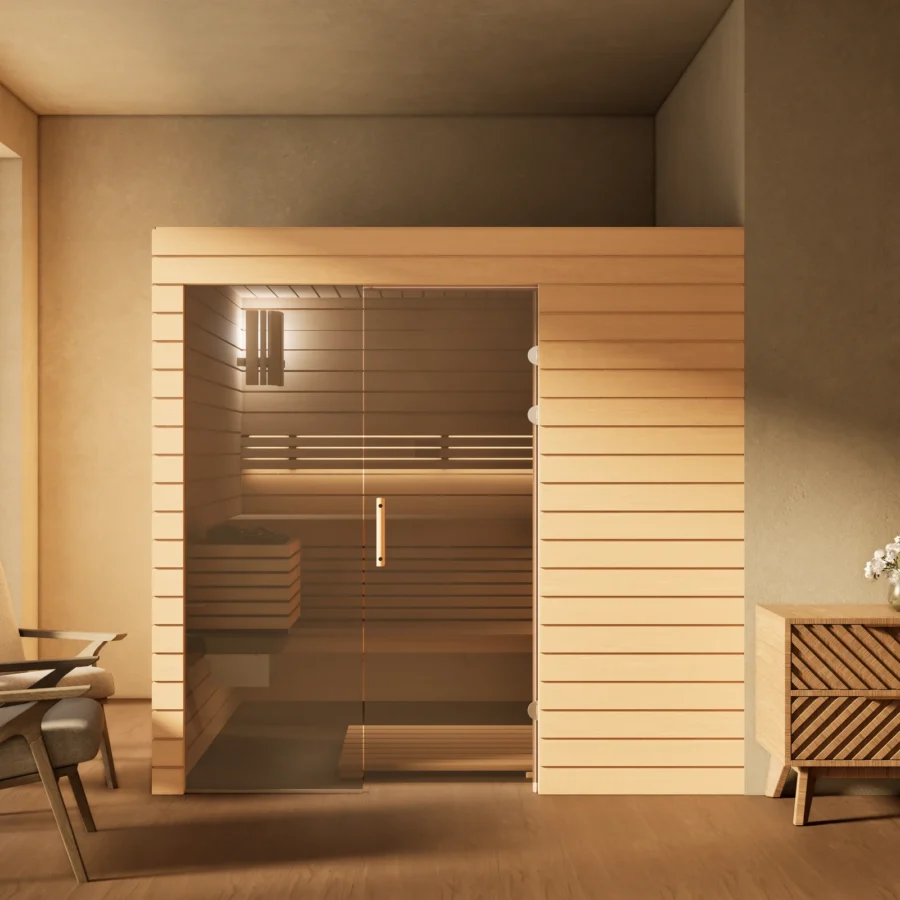 Sauna Venus Glaselement bodentief Profilholz Erle im Wohnraum, Gesamtansicht
