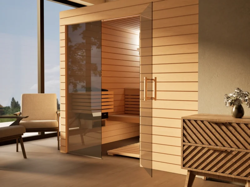 Sauna Venus Glaselement bodentief Profilholz Erle mit geöffneter Glastür