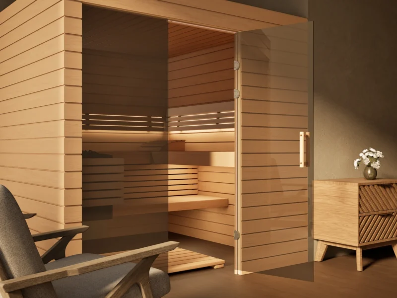 Sauna Venus Glaselement bodentief Profilholz Erle, Glastür mit Bändern und Holzgriff