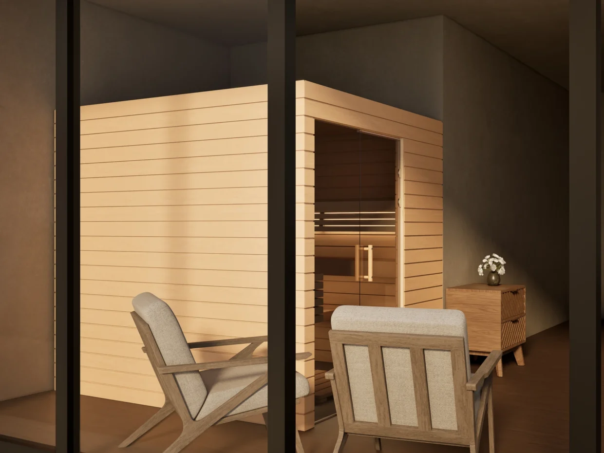 Sauna Venus Glaselement bodentief Profilholz Erle von der Seite im Wohnraum