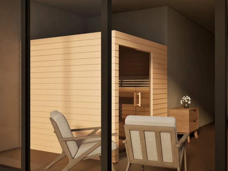 Sauna Venus Glaselement bodentief Profilholz Erle von der Seite im Wohnraum