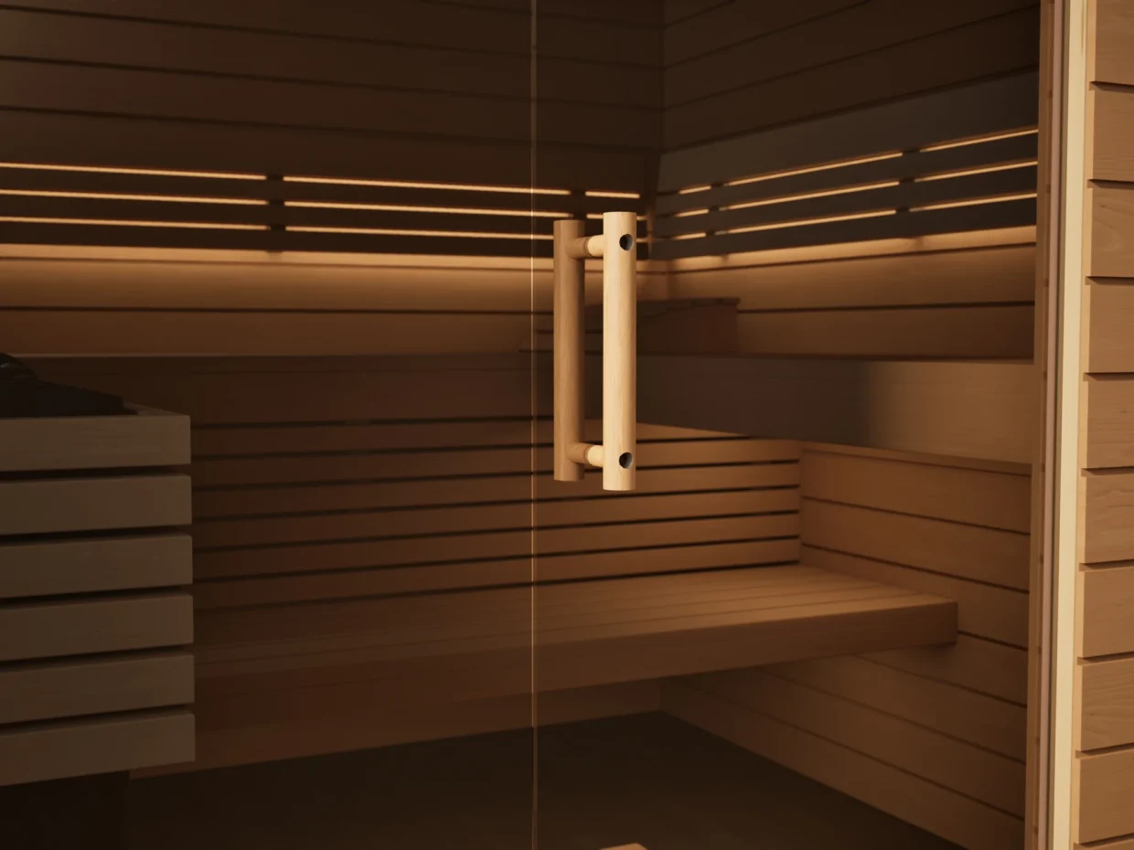 Klarglastür mit Holzgriff an der Sauna Venus Glaselement bodentief Profilholz Erle