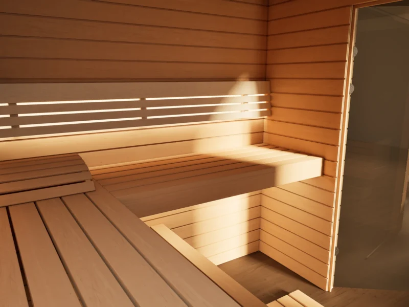 Liegen mit indirektem LED-Licht in der Sauna Venus Glaselement bodentief Profilholz Erle