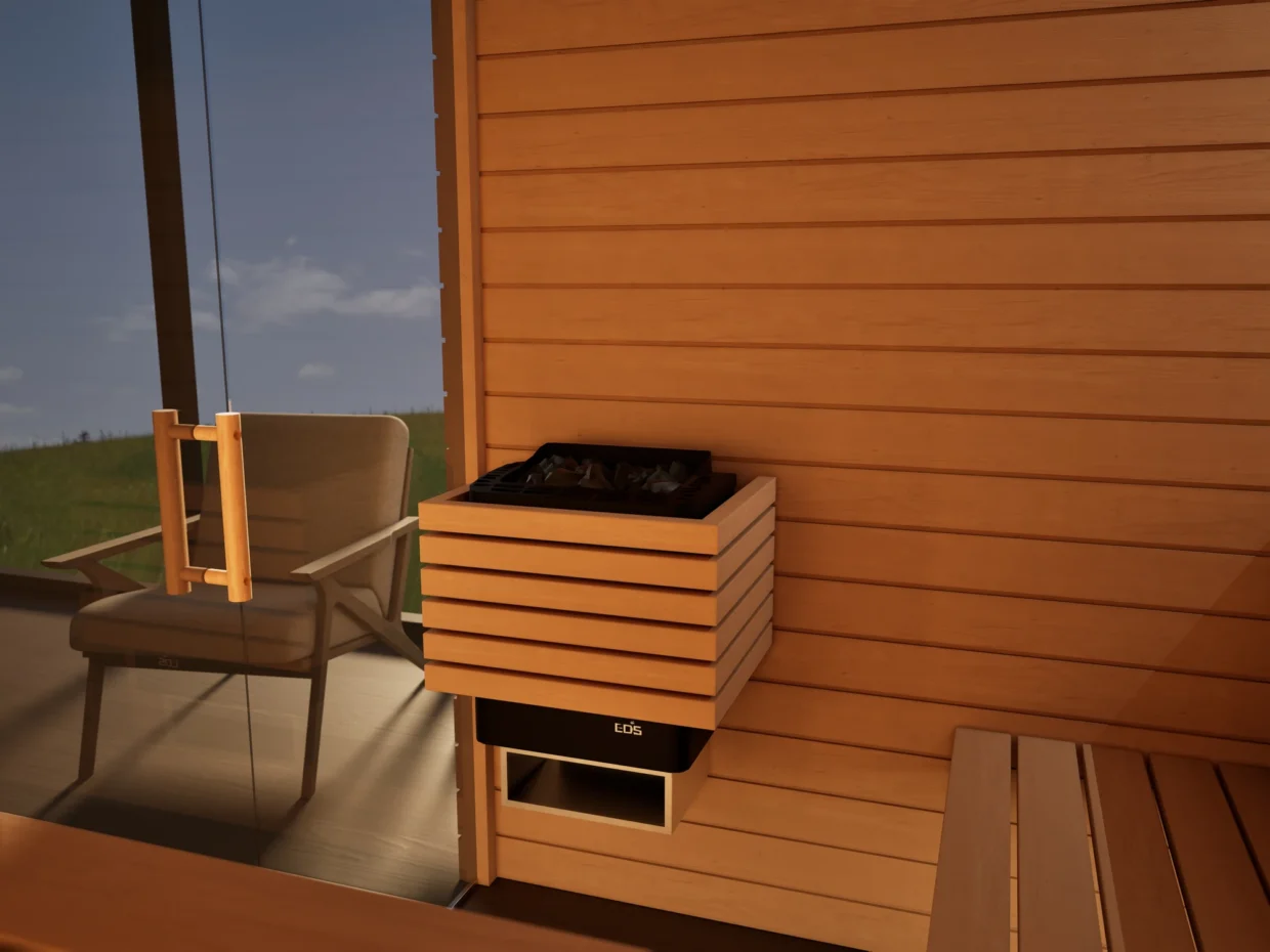 Saunaofen mit Steinen in der Sauna Venus Glaselement bodentief Profilholz Erle