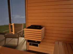 Saunaofen mit Steinen in der Sauna Venus Glaselement bodentief Profilholz Erle