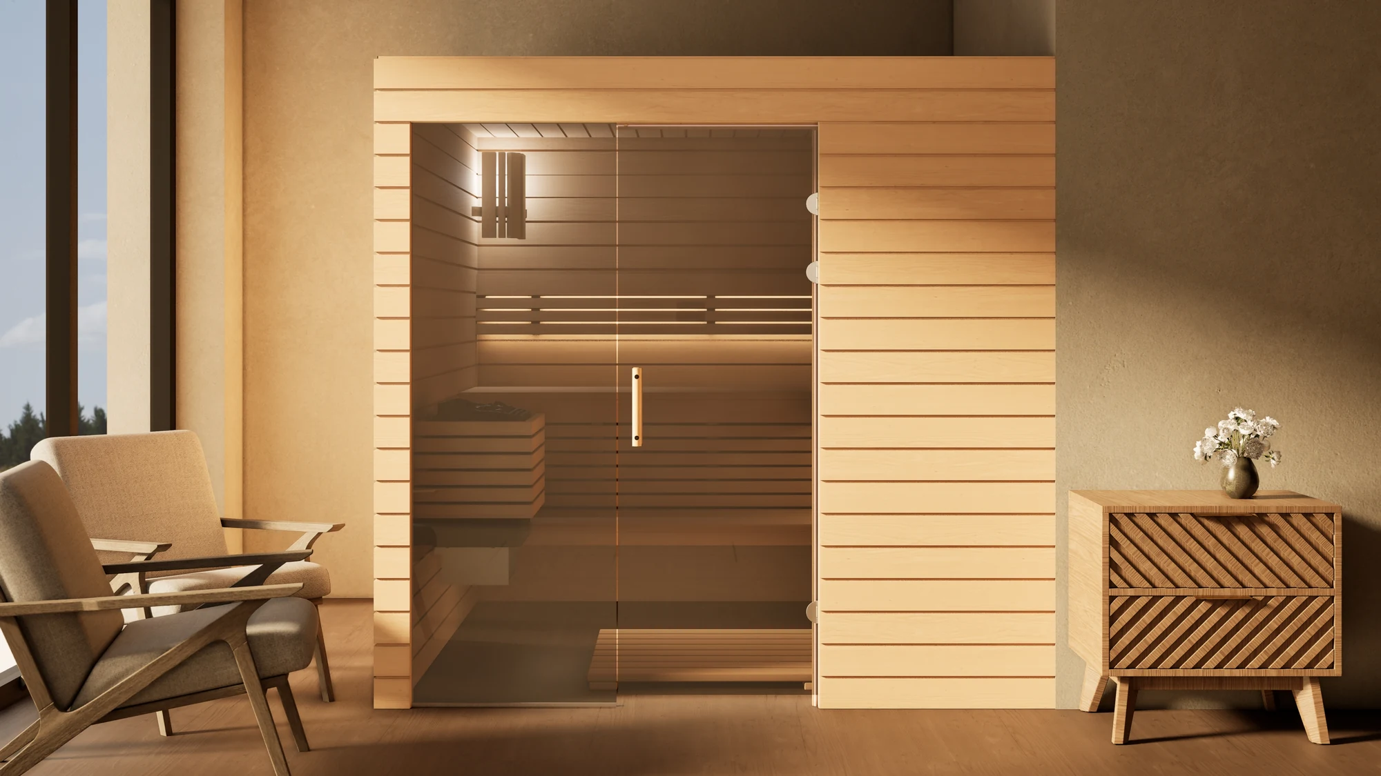 Sauna Venus Glaselement bodentief Profilholz Erle im Wohnraum vor der Fensterfront