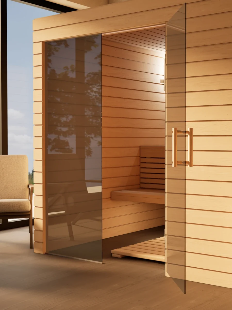 Sauna Venus Glaselement bodentief Profilholz Erle mit geöffneter Glastür, Kabine ohne Saunaofen