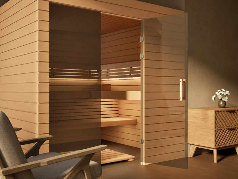 Sauna Venus Glaselement bodentief Profilholz Erle, Glastür mit Bändern, Kabine ohne Saunaofen