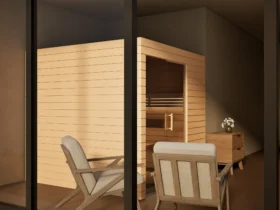 Sauna Venus Glaselement bodentief Profilholz Erle von der Seite, Kabine ohne Saunaofen