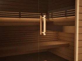 Klarglastür mit Holzgriff an der Sauna Venus Glaselement bodentief Profilholz Erle, Kabine ohne Saunaofen