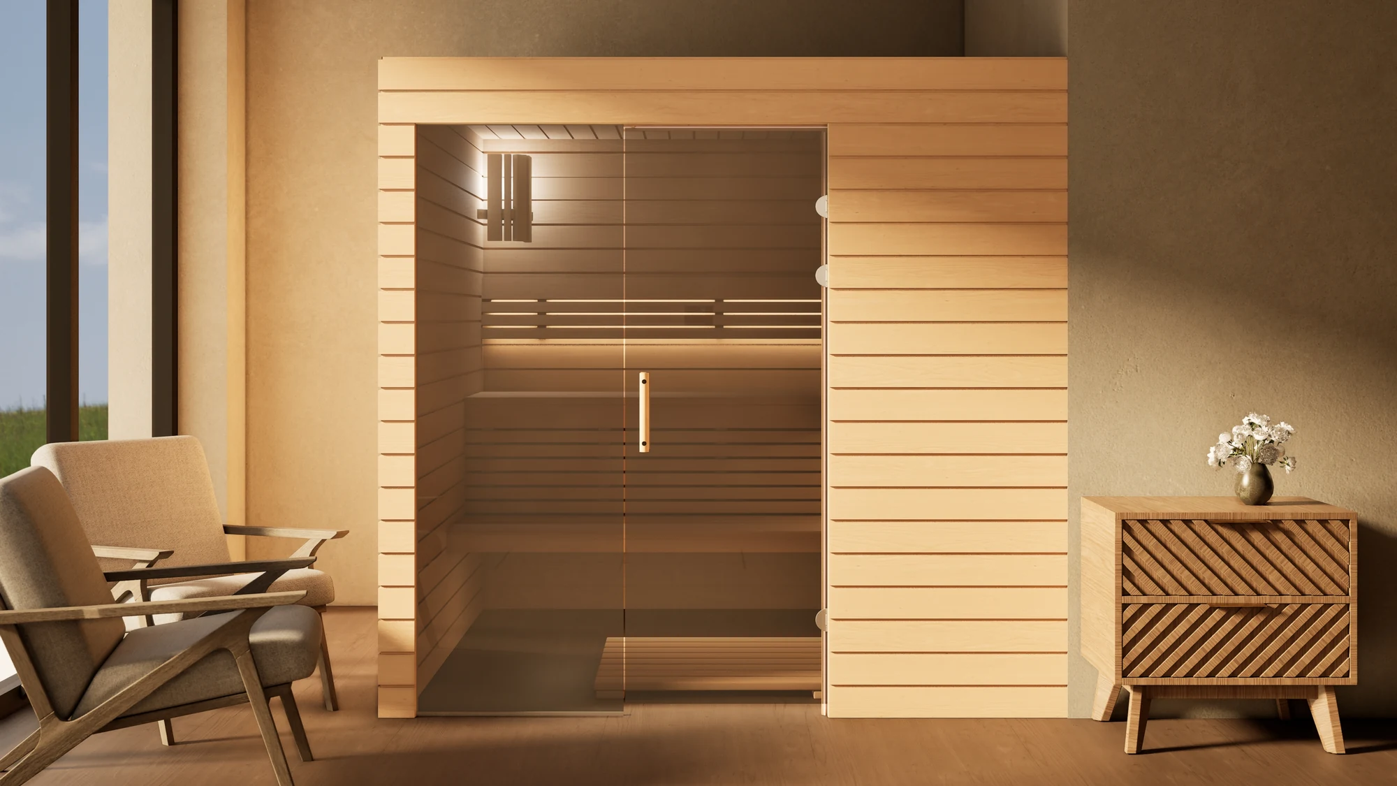 Sauna Venus Glaselement bodentief Profilholz Erle im Wohnraum vor der Fensterfront