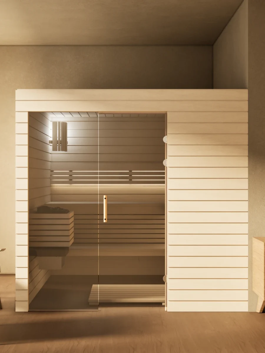 Sauna Venus Glaselement bodentief Profilholz Linde im Wohnraum, Gesamtansicht