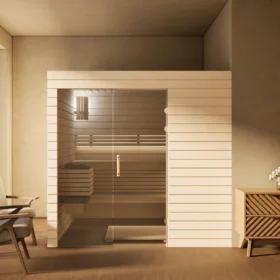 Sauna Venus Glaselement bodentief Profilholz Linde im Wohnraum, Gesamtansicht