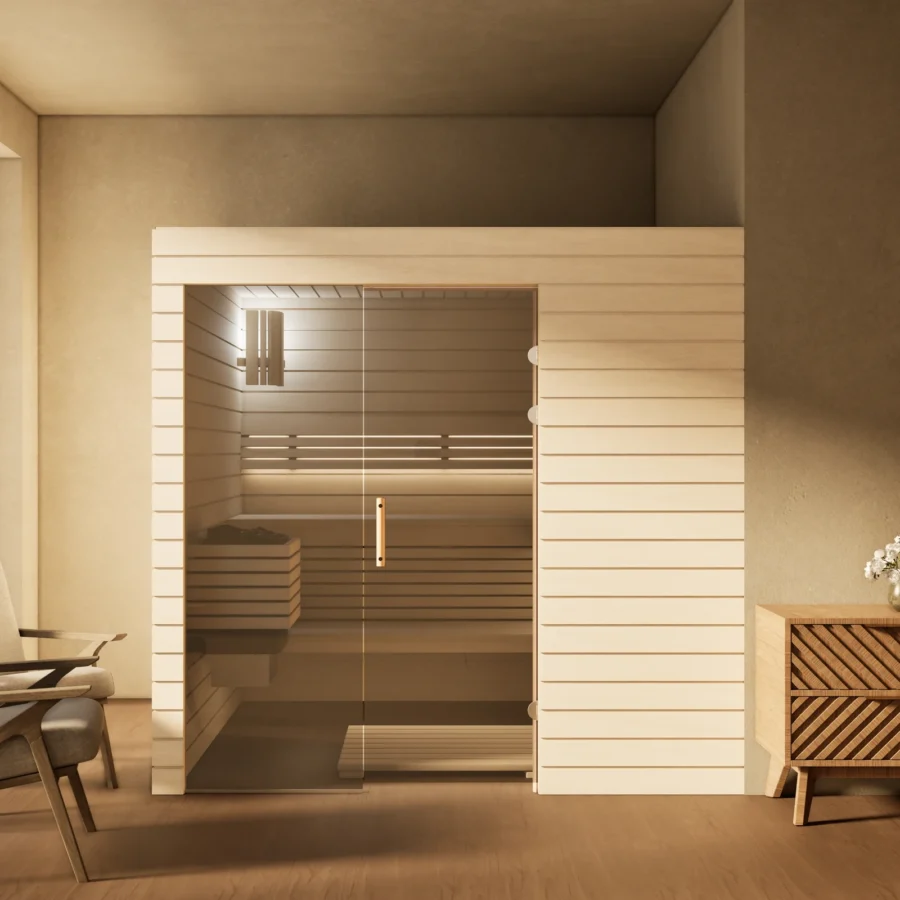 Sauna Venus Glaselement bodentief Profilholz Linde im Wohnraum, Gesamtansicht