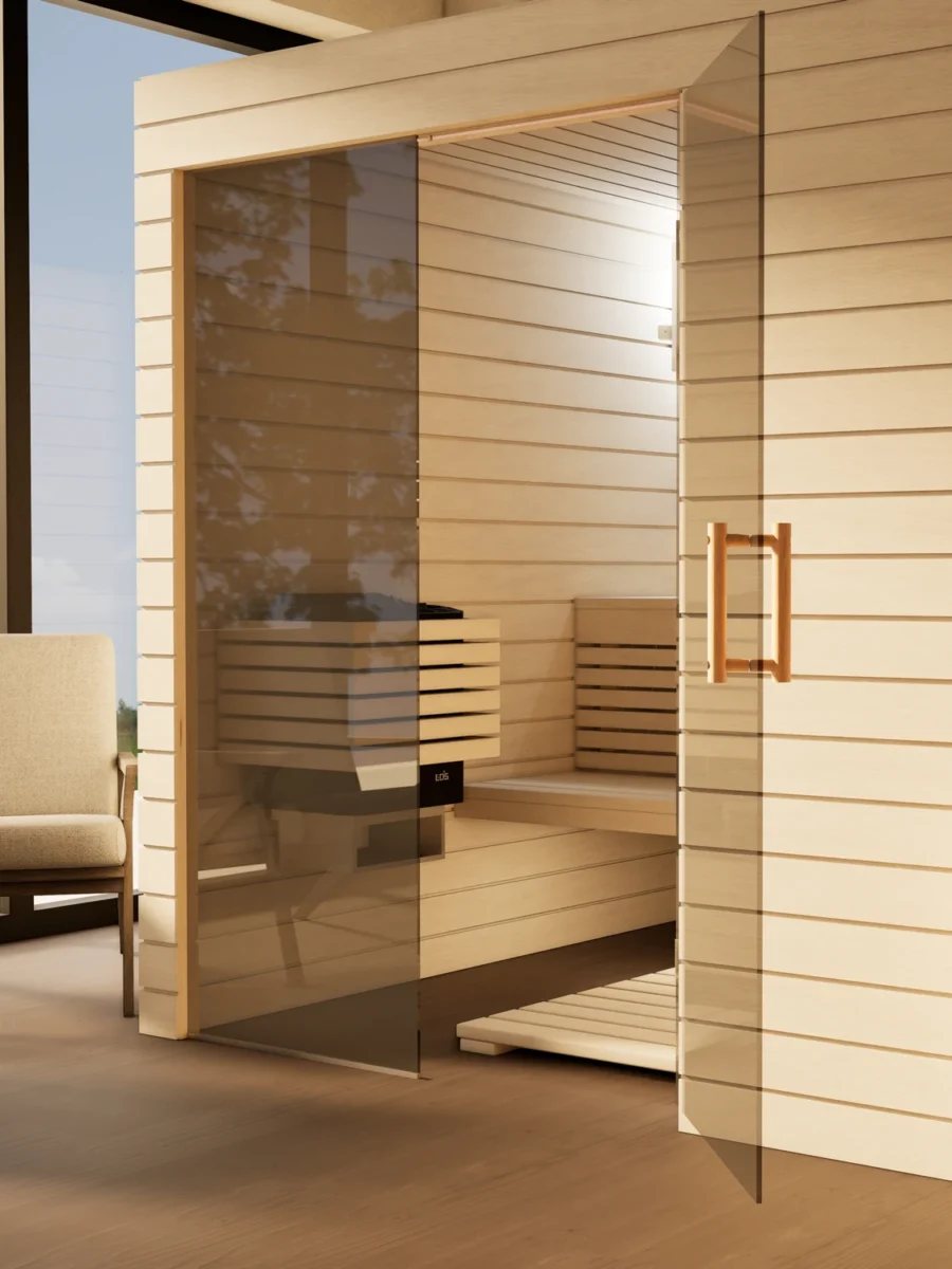 Sauna Venus Glaselement bodentief Profilholz Linde mit geöffneter Glastür