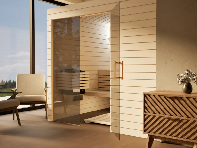 Sauna Venus Glaselement bodentief Profilholz Linde mit geöffneter Glastür