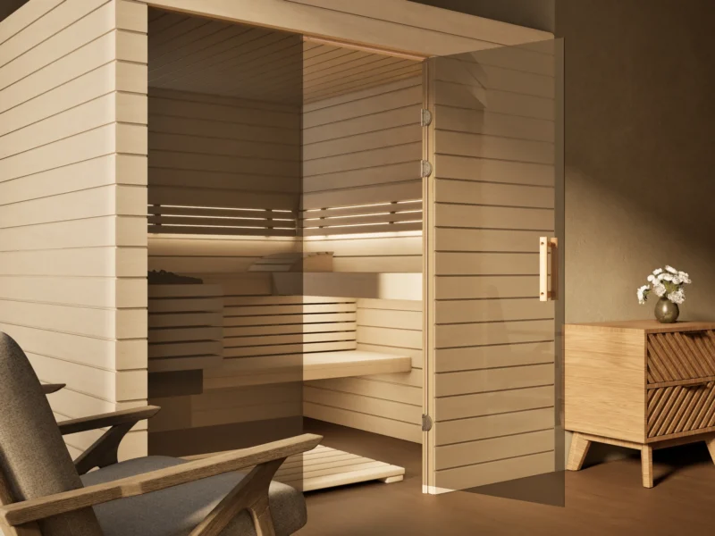Sauna Venus Glaselement bodentief Profilholz Linde, Glastür mit Bändern und Holzgriff
