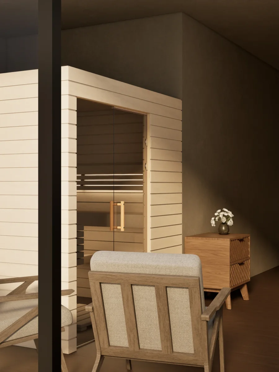 Sauna Venus Glaselement bodentief Profilholz Linde von der Seite im Wohnraum