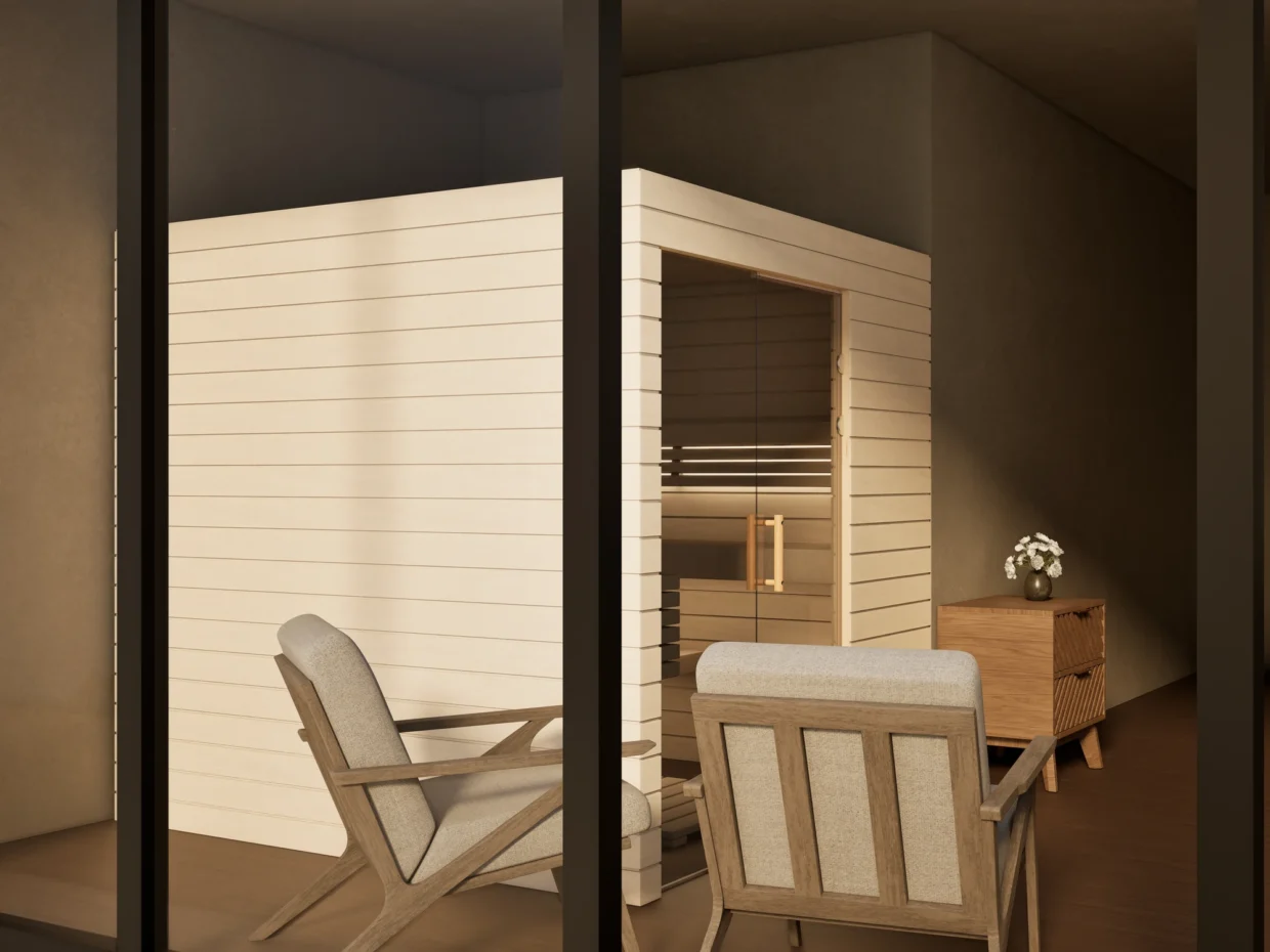 Sauna Venus Glaselement bodentief Profilholz Linde von der Seite im Wohnraum