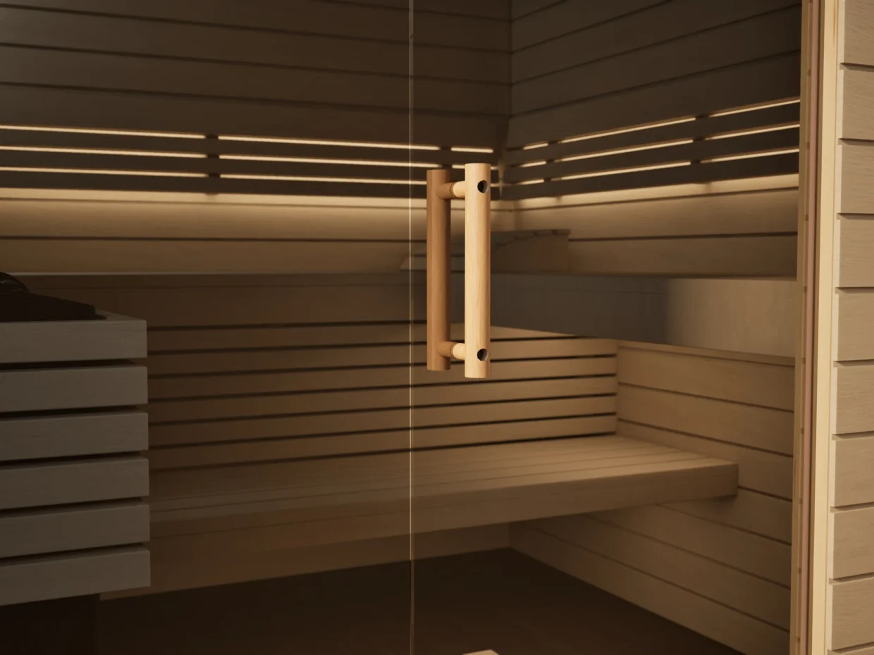 Klarglastür mit Holzgriff an der Sauna Venus Glaselement bodentief Profilholz Linde