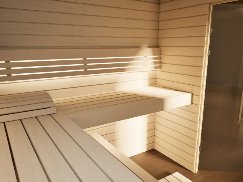 Liegen mit indirektem LED-Licht in der Sauna Venus Glaselement bodentief Profilholz Linde