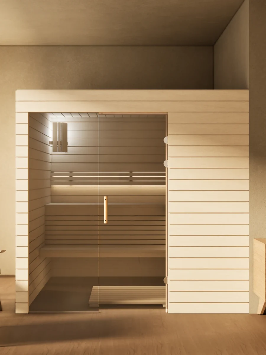 Sauna Venus Glaselement bodentief Profilholz Linde im Wohnraum, Gesamtansicht, Kabine ohne Saunaofen