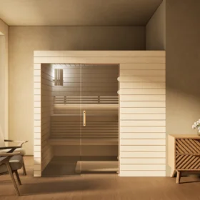 Sauna Venus Glaselement bodentief Profilholz Linde im Wohnraum, Gesamtansicht, Kabine ohne Saunaofen
