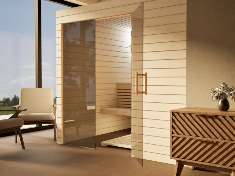 Sauna Venus Glaselement bodentief Profilholz Linde mit geöffneter Glastür, Kabine ohne Saunaofen