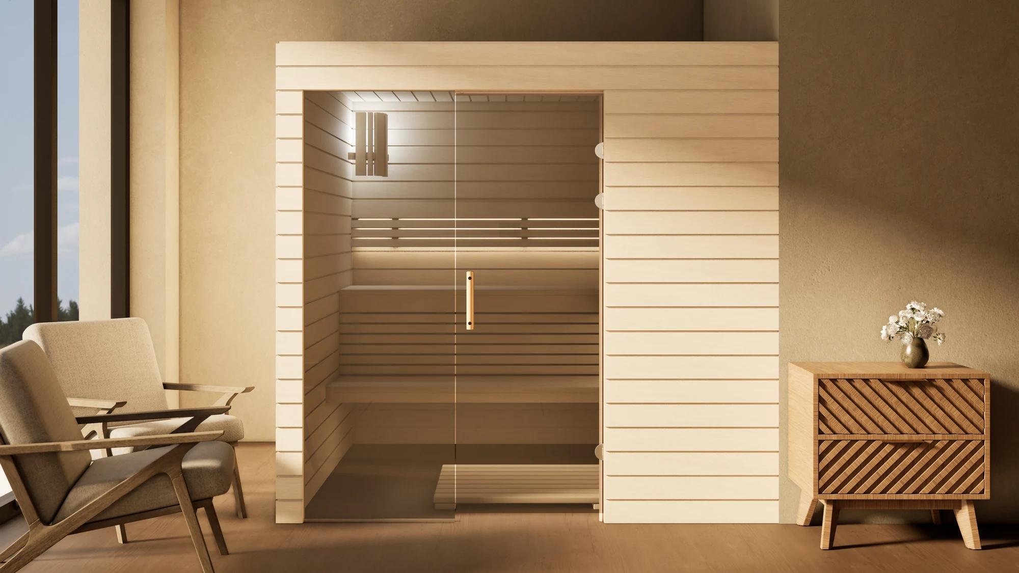 Sauna Venus Glaselement bodentief Profilholz Linde im Wohnraum vor der Fensterfront