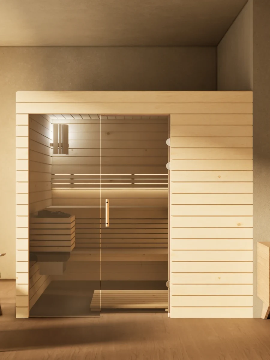 Sauna Venus Glaselement bodentief Profilholz Zirbe im Wohnraum, Gesamtansicht