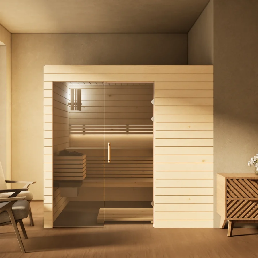 Sauna Venus Glaselement bodentief Profilholz Zirbe im Wohnraum, Gesamtansicht