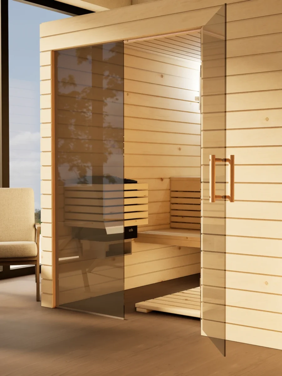 Sauna Venus Glaselement bodentief Profilholz Zirbe mit geöffneter Glastür
