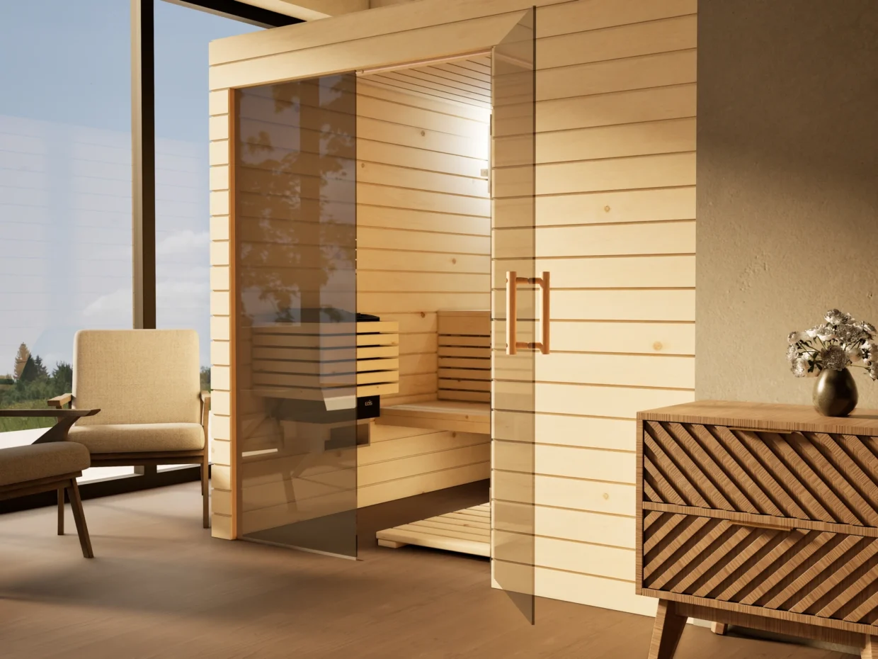Sauna Venus Glaselement bodentief Profilholz Zirbe mit geöffneter Glastür