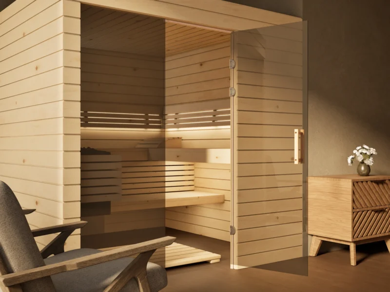 Sauna Venus Glaselement bodentief Profilholz Zirbe, Glastür mit Bändern und Holzgriff