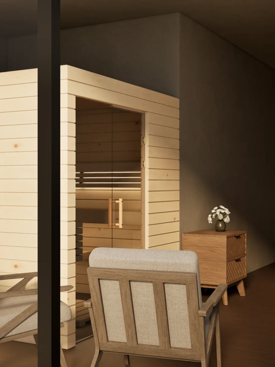 Sauna Venus Glaselement bodentief Profilholz Zirbe von der Seite im Wohnraum
