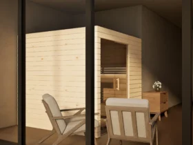 Sauna Venus Glaselement bodentief Profilholz Zirbe von der Seite im Wohnraum
