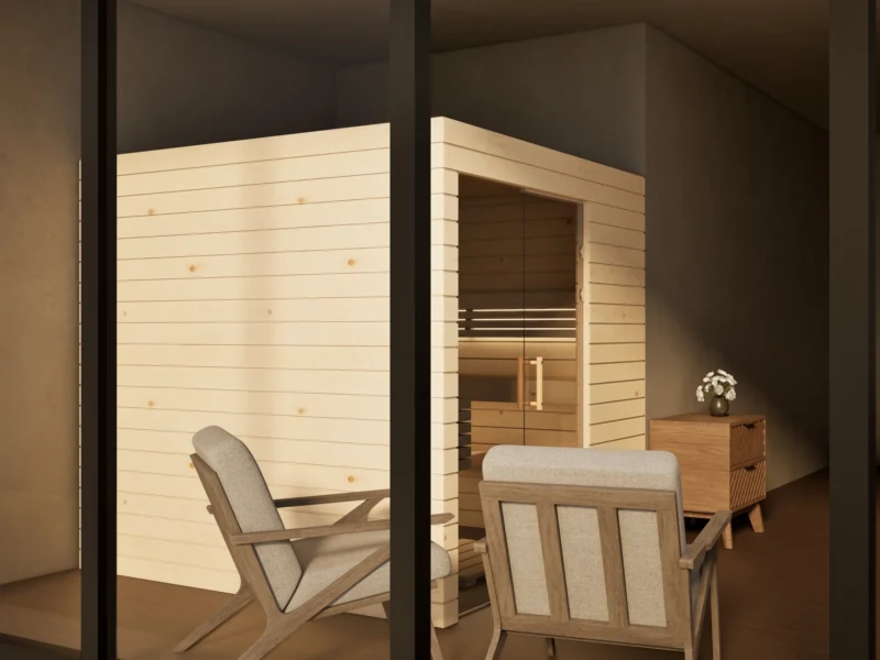 Sauna Venus Glaselement bodentief Profilholz Zirbe von der Seite im Wohnraum