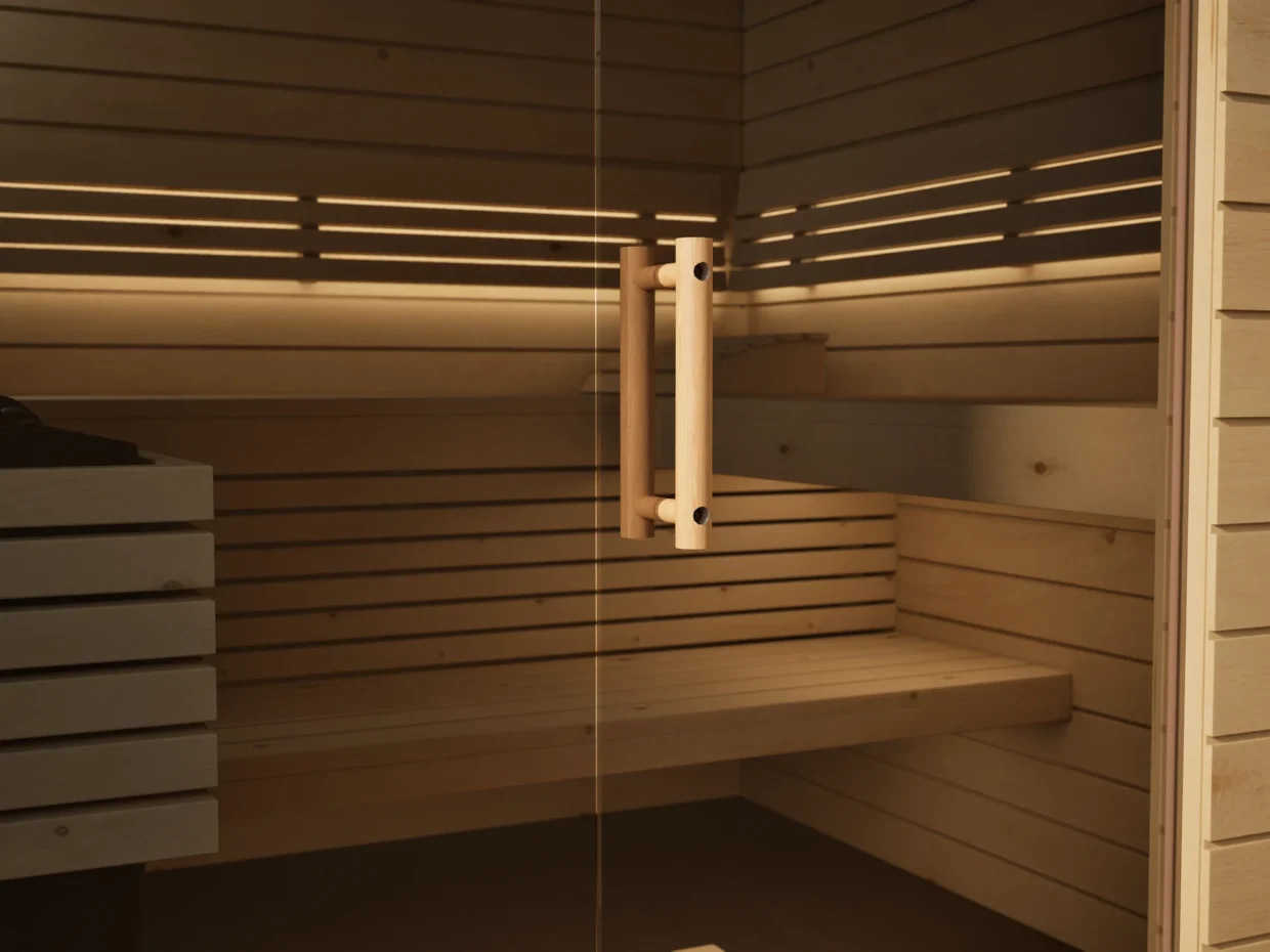 Klarglastür mit Holzgriff an der Sauna Venus Glaselement bodentief Profilholz Zirbe