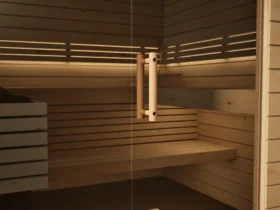 Klarglastür mit Holzgriff an der Sauna Venus Glaselement bodentief Profilholz Zirbe